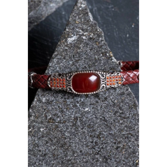 Sertifikalı El İşçiliği Gümüş Akik Doğal Taş Detaylı Deri Bileklik (SK:199)