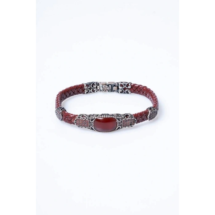 Sertifikalı El İşçiliği Gümüş Akik Doğal Taş Detaylı Deri Bileklik (SK:199)