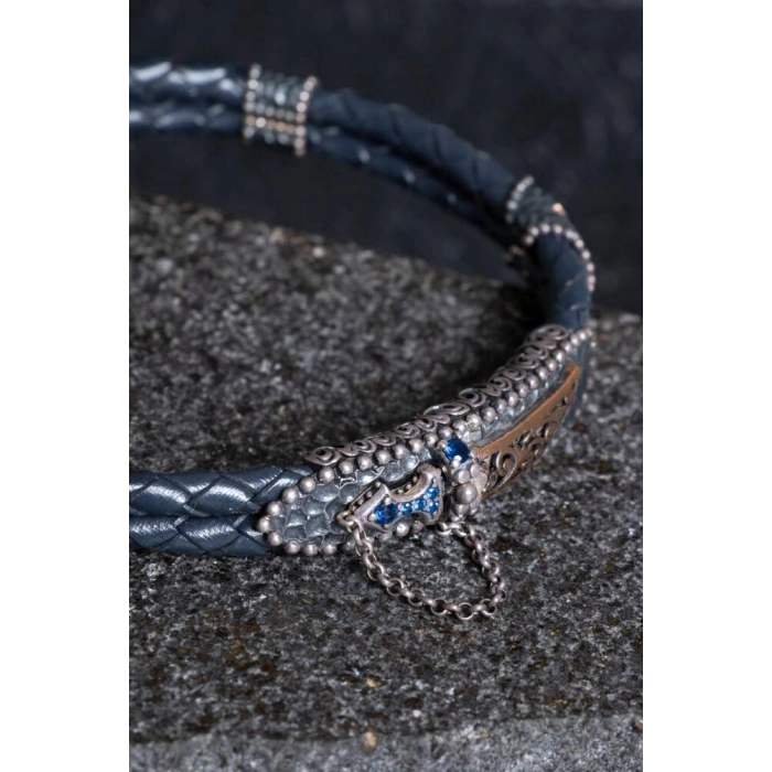 Sertifikalı El İşçiliği Gümüş Kılıç Detaylı Deri Bileklik (SK:197)