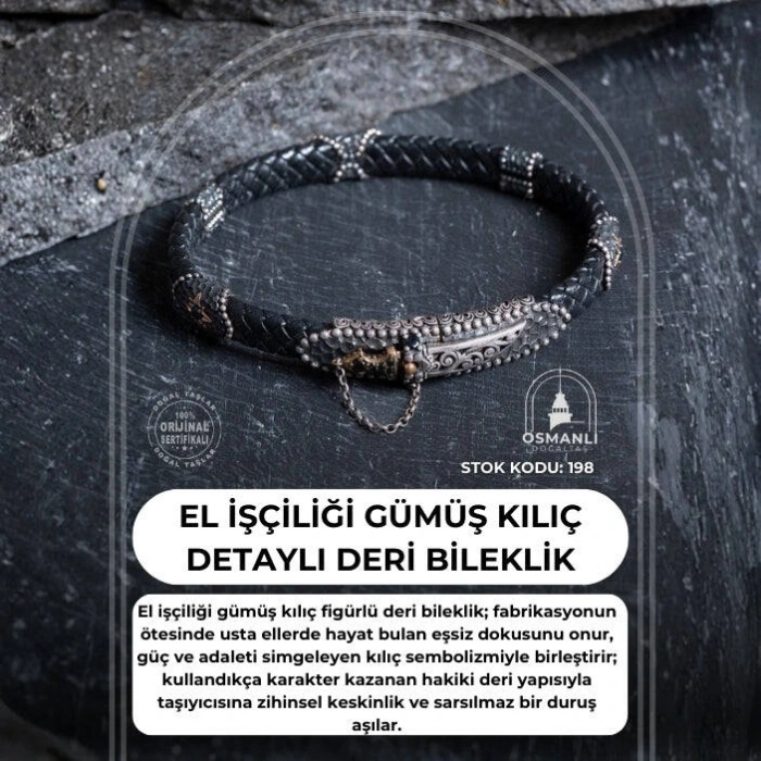 Sertifikalı El İşçiliği Gümüş Kılıç Detaylı Deri Bileklik (SK:198)