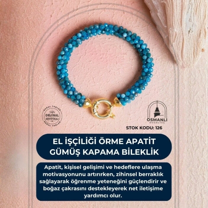 Sertifikalı El İşçiliği Örme Apatit Gümüş Kapama Bileklik (SK:126)