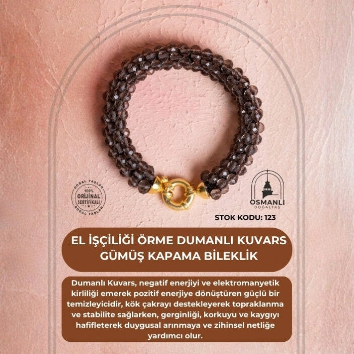 Sertifikalı El İşçiliği Örme Dumanlı Kuvars Gümüş Kapama Bileklik (SK:123)