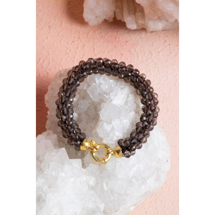 Sertifikalı El İşçiliği Örme Dumanlı Kuvars Gümüş Kapama Bileklik (SK:123)