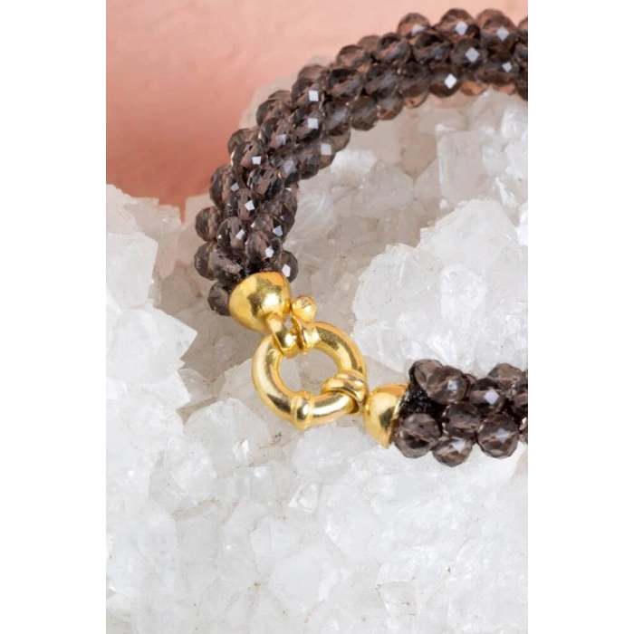 Sertifikalı El İşçiliği Örme Dumanlı Kuvars Gümüş Kapama Bileklik (SK:123)