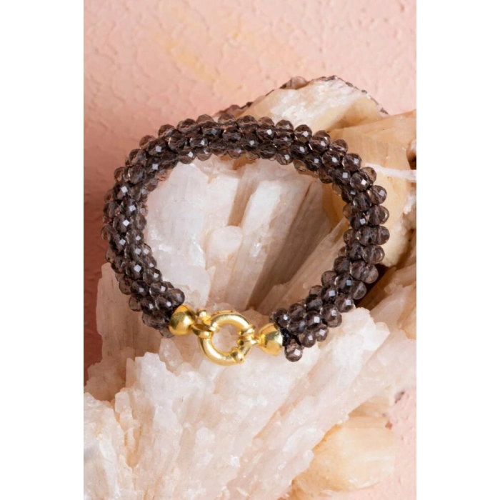 Sertifikalı El İşçiliği Örme Dumanlı Kuvars Gümüş Kapama Bileklik (SK:123)