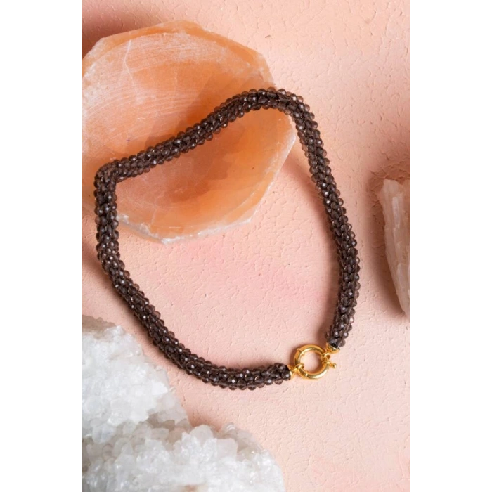 Sertifikalı El İşçiliği Örme Dumanlı Kuvars Gümüş Kapama Kolye (SK:122)