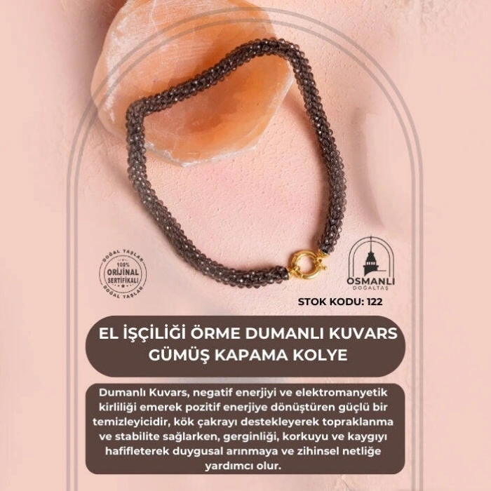 Sertifikalı El İşçiliği Örme Dumanlı Kuvars Gümüş Kapama Kolye (SK:122)