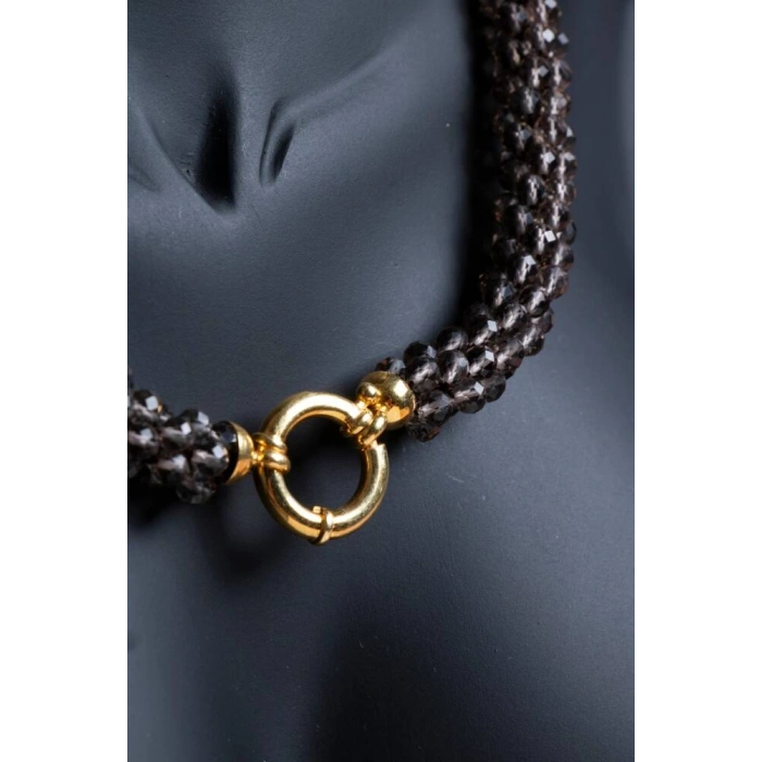 Sertifikalı El İşçiliği Örme Dumanlı Kuvars Gümüş Kapama Kolye (SK:122)