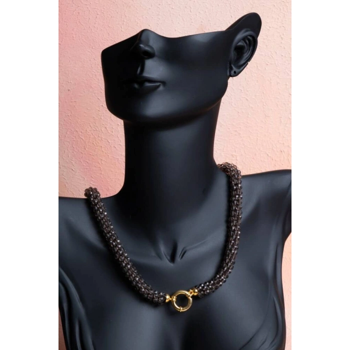 Sertifikalı El İşçiliği Örme Dumanlı Kuvars Gümüş Kapama Kolye (SK:122)