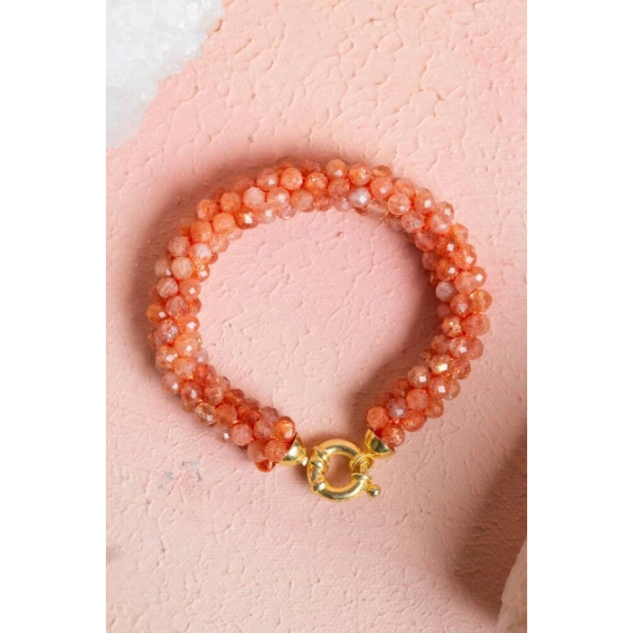 Sertifikalı El İşçiliği Örme Güneş Taşı Gümüş Kapama Bileklik (SK:102)