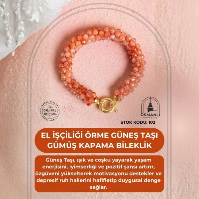 Sertifikalı El İşçiliği Örme Güneş Taşı Gümüş Kapama Bileklik (SK:102)