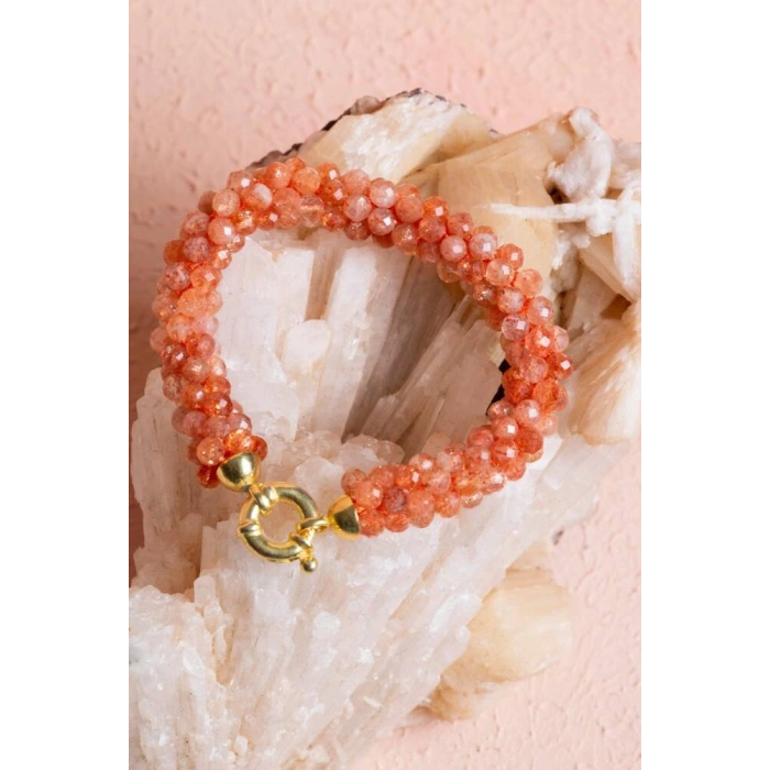 Sertifikalı El İşçiliği Örme Güneş Taşı Gümüş Kapama Bileklik (SK:102)