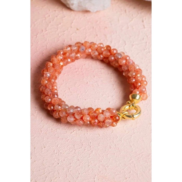 Sertifikalı El İşçiliği Örme Güneş Taşı Gümüş Kapama Bileklik (SK:102)