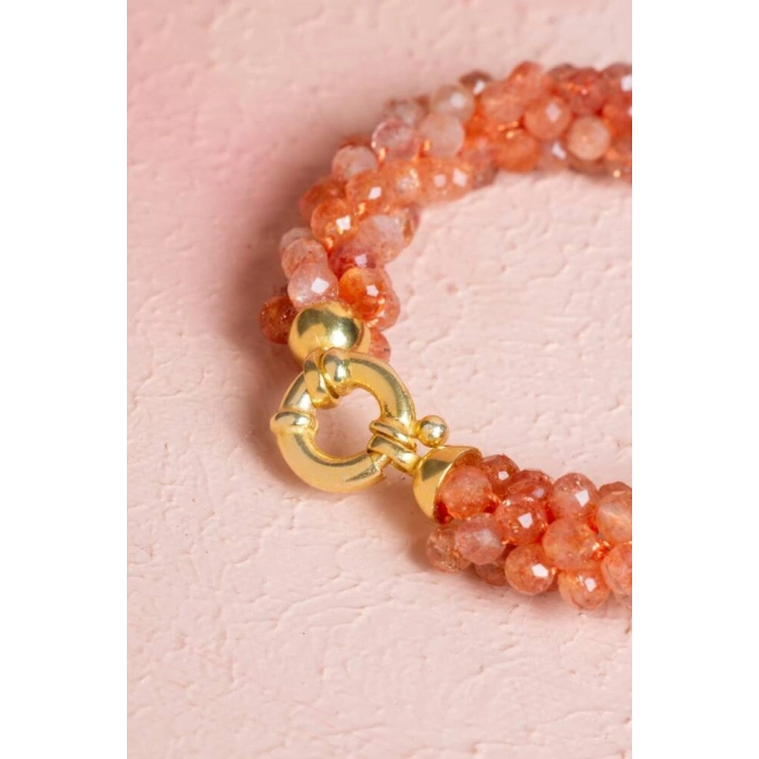 Sertifikalı El İşçiliği Örme Güneş Taşı Gümüş Kapama Bileklik (SK:102)