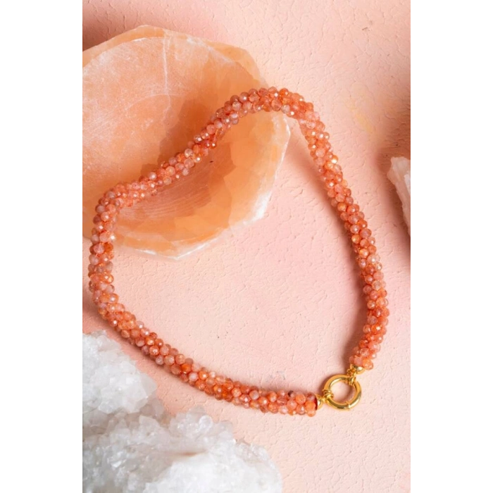 Sertifikalı El İşçiliği Örme Güneş Taşı Gümüş Kapama Kolye (SK:101)