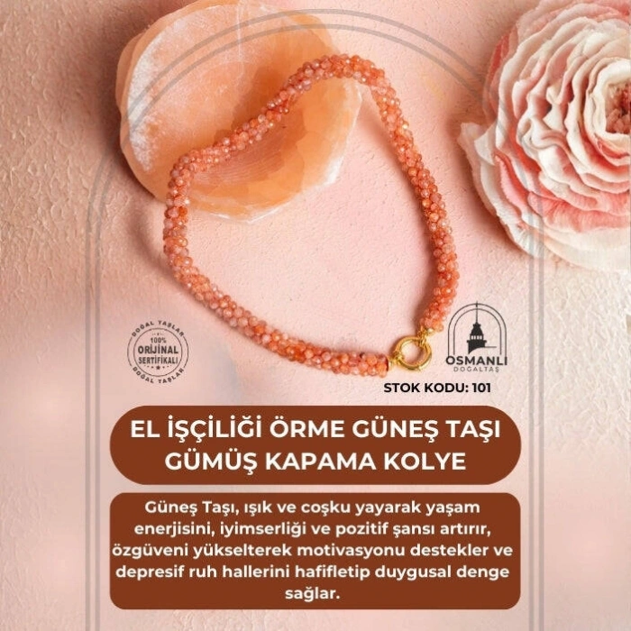 Sertifikalı El İşçiliği Örme Güneş Taşı Gümüş Kapama Kolye (SK:101)