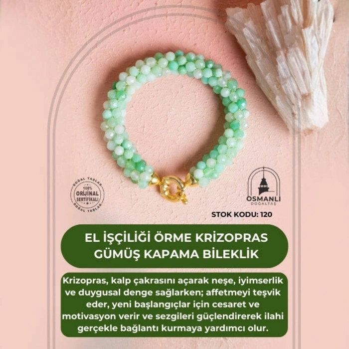 Sertifikalı El İşçiliği Örme Krizopras Gümüş  Kapama Bileklik (SK:120)