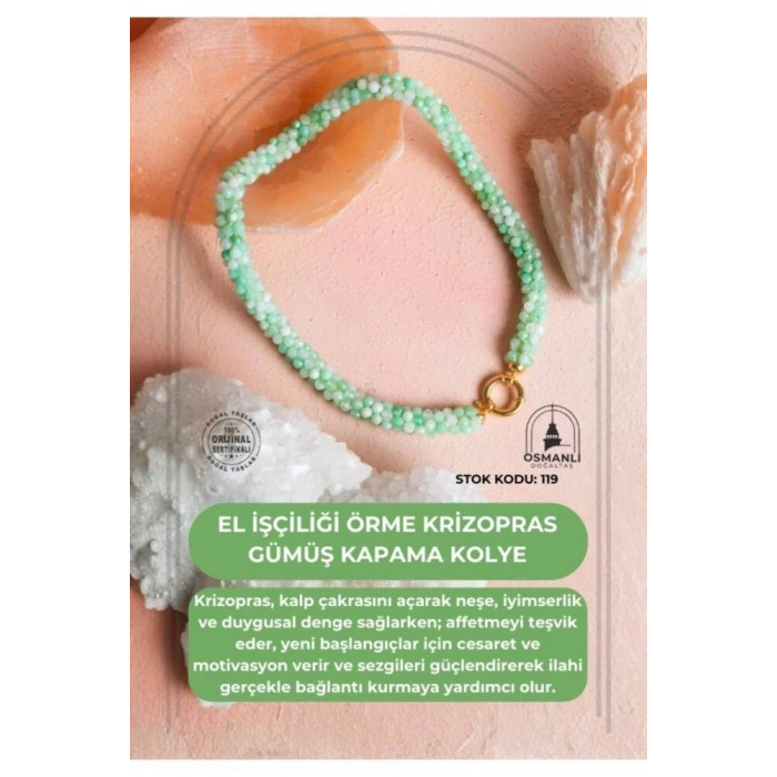 Sertifikalı El İşçiliği Örme Krizopras Gümüş  Kapama Kolye (SK:119)