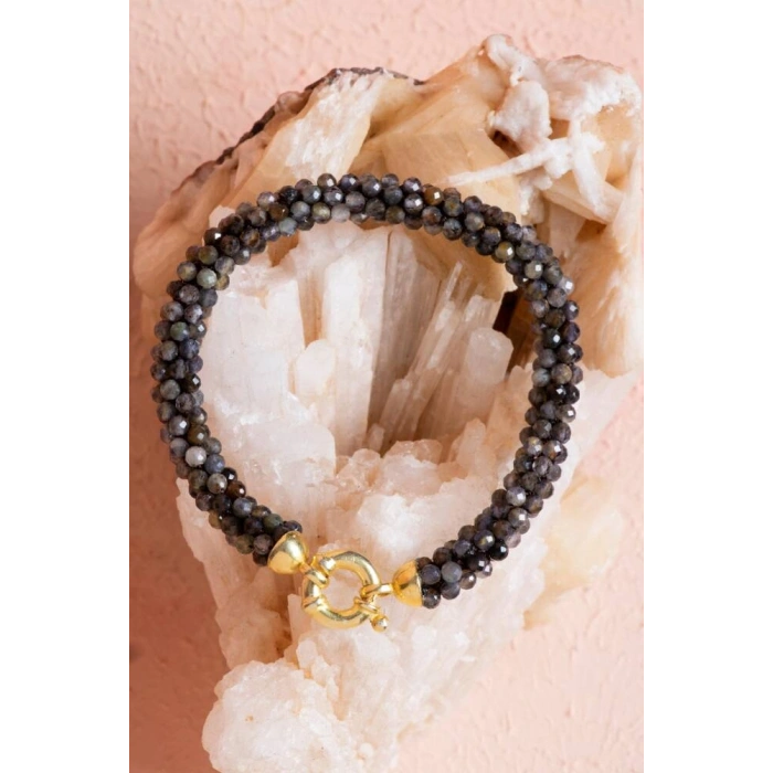 Sertifikalı El İşçiliği Örme Labradorit Gümüş Kapama Bileklik (SK:135)