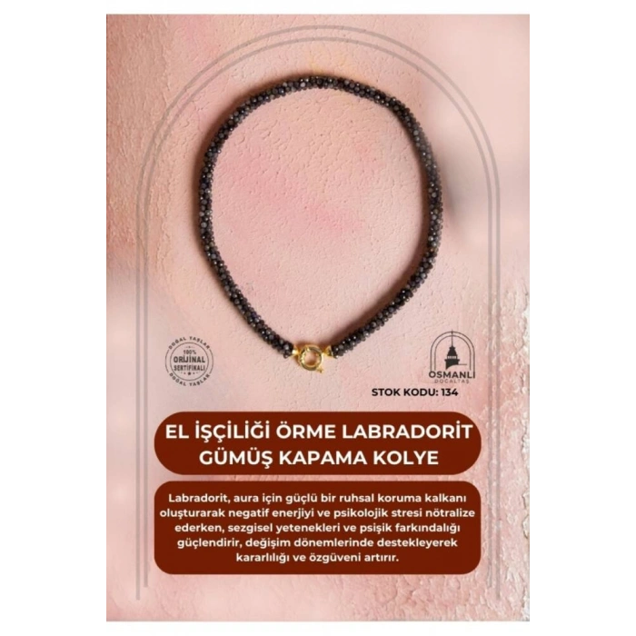 Sertifikalı El İşçiliği Örme Labradorit Gümüş Kapama Kolye (SK:134)