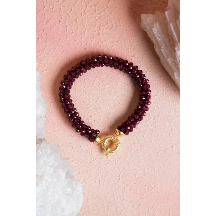 Sertifikalı El İşçiliği Örme Lal (Granat) Gümüş Kapama Bileklik (SK:086)