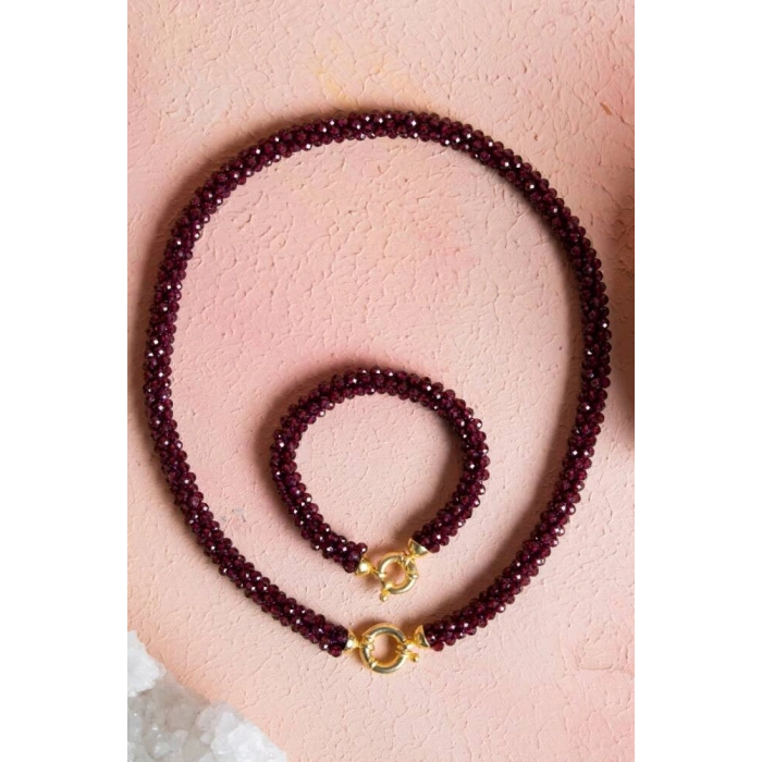 Sertifikalı El İşçiliği Örme Lal (Granat) Gümüş Kapama Kolye & Bileklik Seti (SK:084)