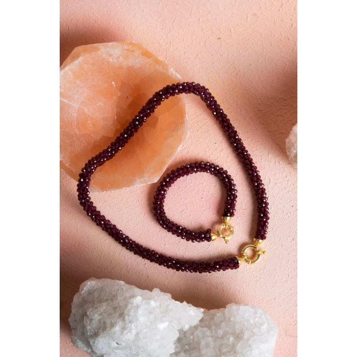 Sertifikalı El İşçiliği Örme Lal (Granat) Gümüş Kapama Kolye & Bileklik Seti (SK:084)