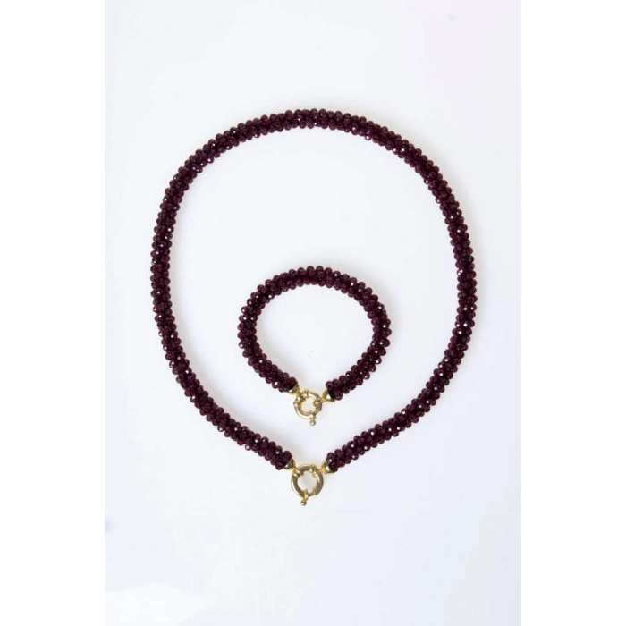 Sertifikalı El İşçiliği Örme Lal (Granat) Gümüş Kapama Kolye & Bileklik Seti (SK:084)