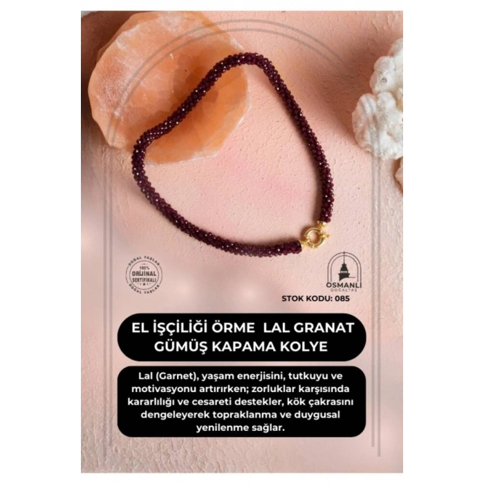 Sertifikalı El İşçiliği Örme Lal (Granat) Gümüş Kapama Kolye (SK:085)