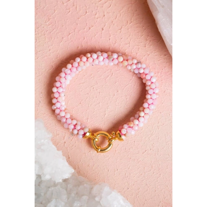 Sertifikalı El İşçiliği Örme Pembe Opal Gümüş Kapama Bileklik (SK:108)