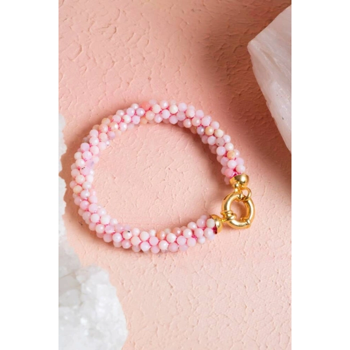 Sertifikalı El İşçiliği Örme Pembe Opal Gümüş Kapama Bileklik (SK:108)