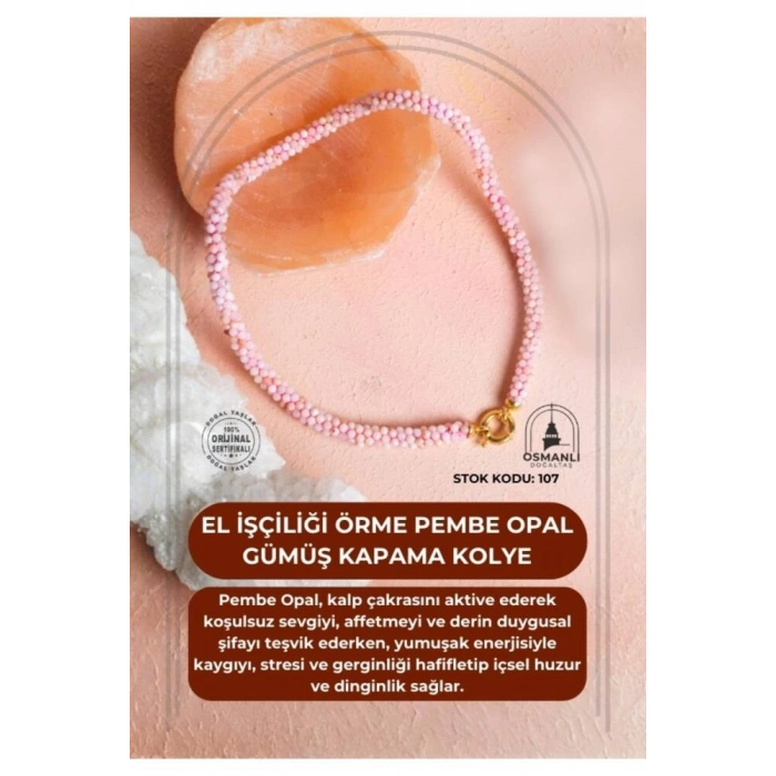 Sertifikalı El İşçiliği Örme Pembe Opal Gümüş Kapama Kolye (SK:107)