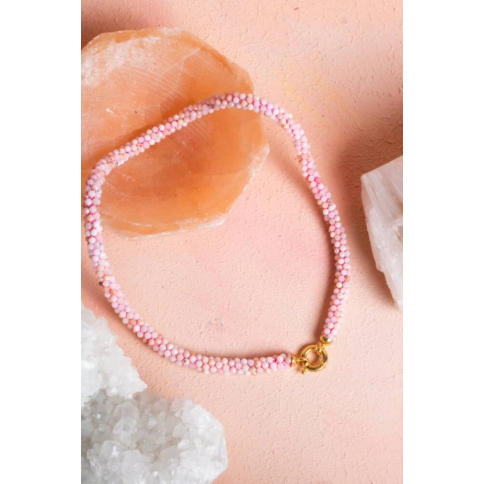 Sertifikalı El İşçiliği Örme Pembe Opal Gümüş Kapama Kolye (SK:107)