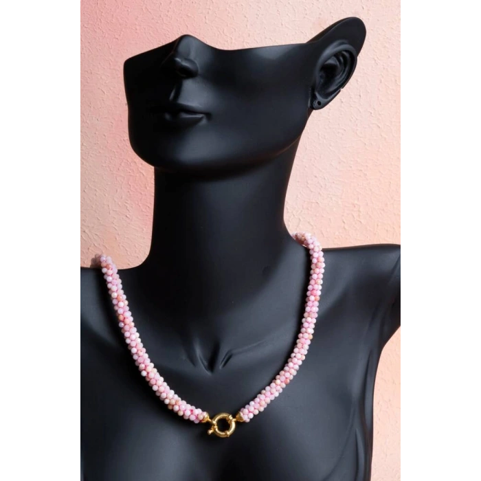 Sertifikalı El İşçiliği Örme Pembe Opal Gümüş Kapama Kolye (SK:107)