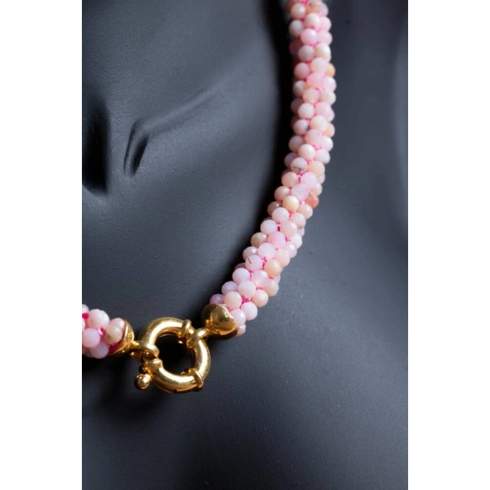 Sertifikalı El İşçiliği Örme Pembe Opal Gümüş Kapama Kolye (SK:107)