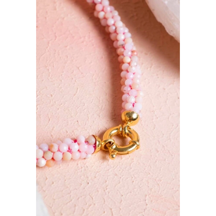 Sertifikalı El İşçiliği Örme Pembe Opal Gümüş Kapama Kolye (SK:107)