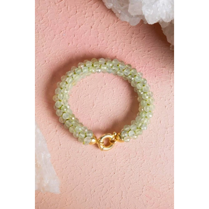 Sertifikalı El İşçiliği Örme Prehnit Gümüş Kapama Bileklik (SK:132)