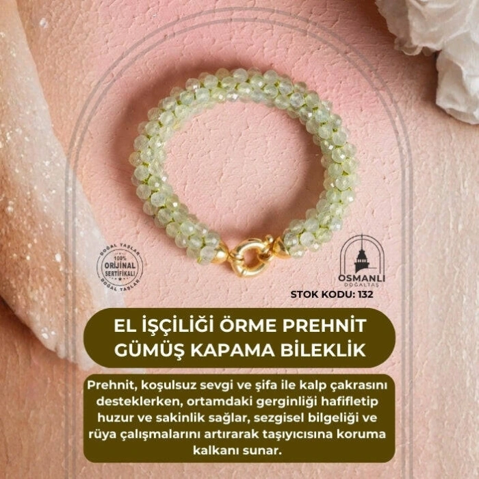 Sertifikalı El İşçiliği Örme Prehnit Gümüş Kapama Bileklik (SK:132)