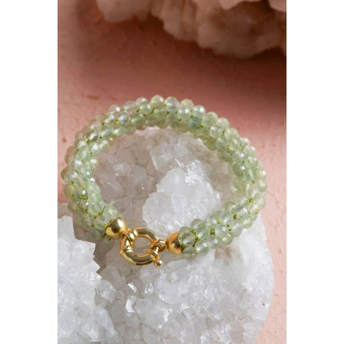 Sertifikalı El İşçiliği Örme Prehnit Gümüş Kapama Bileklik (SK:132)