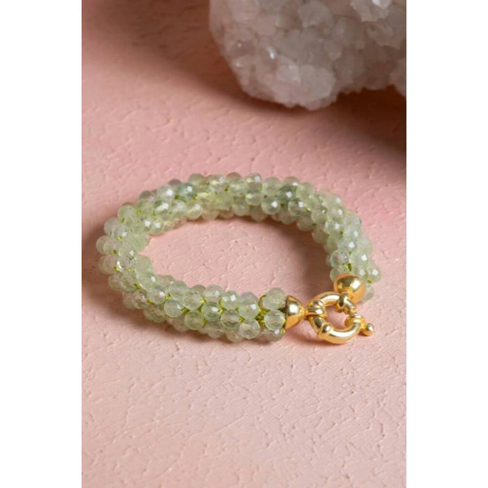 Sertifikalı El İşçiliği Örme Prehnit Gümüş Kapama Bileklik (SK:132)