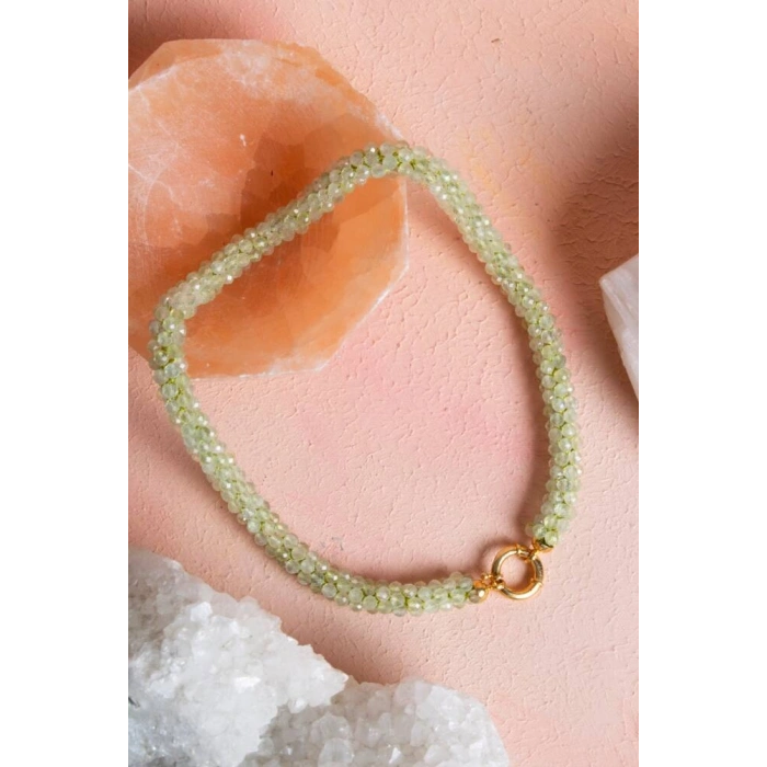 Sertifikalı El İşçiliği Örme Prehnit Gümüş Kapama Kolye (SK:131)