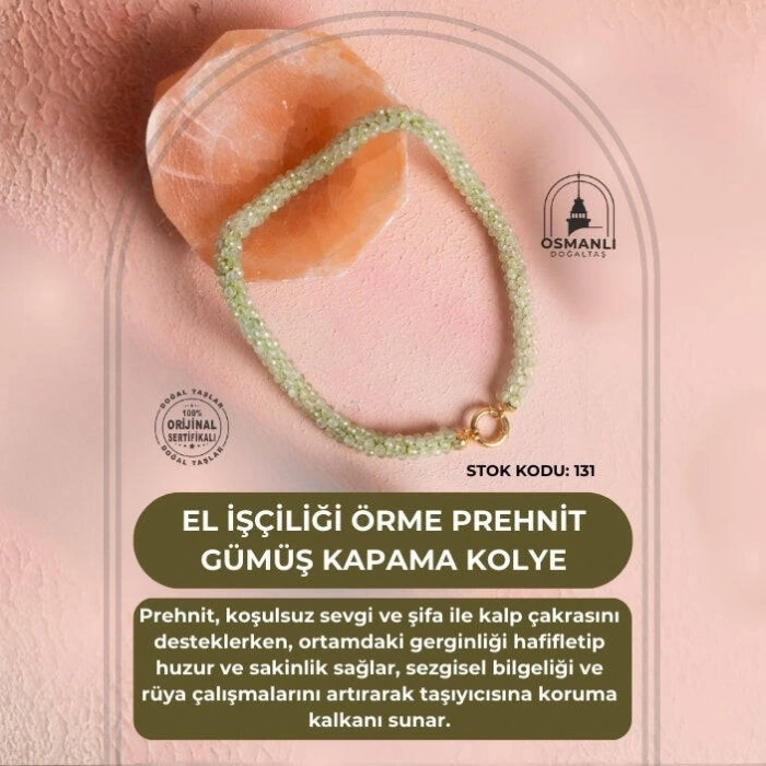 Sertifikalı El İşçiliği Örme Prehnit Gümüş Kapama Kolye (SK:131)