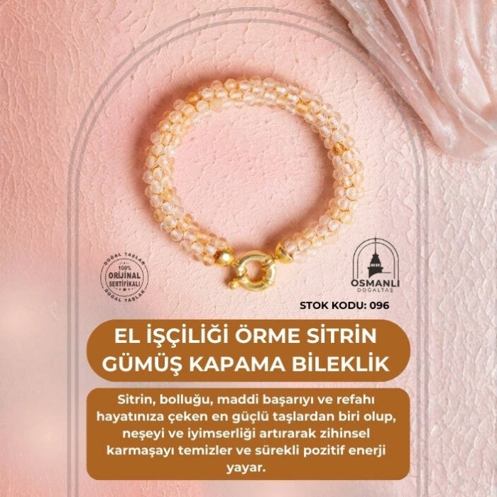 Sertifikalı El İşçiliği Örme Sitrin Gümüş Kapama Bileklik (SK:096)