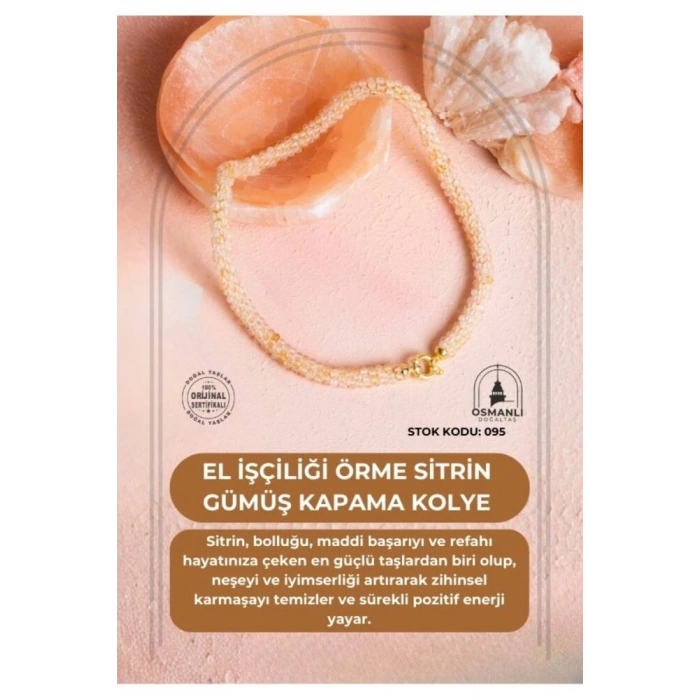 Sertifikalı El İşçiliği Örme Sitrin Gümüş Kapama Kolye (SK:095)