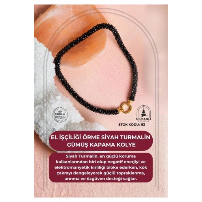 Sertifikalı El İşçiliği Örme Siyah Turmalin Kapama Kolye (SK:113)