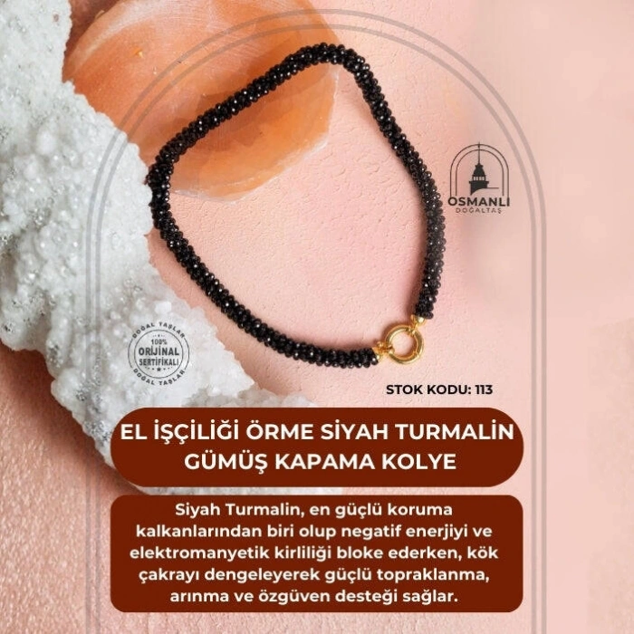 Sertifikalı El İşçiliği Örme Siyah Turmalin Kapama Kolye (SK:113)