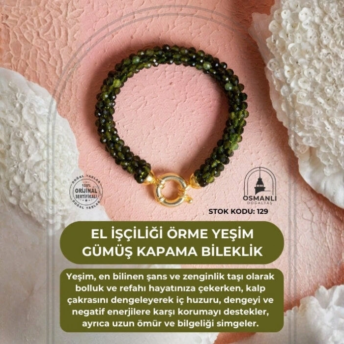 Sertifikalı El İşçiliği Örme Yeşim Gümüş Kapama Bileklik (SK:129)