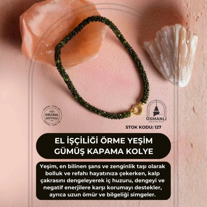 Sertifikalı El İşçiliği Örme Yeşim Gümüş Kapama Kolye (SK:127)