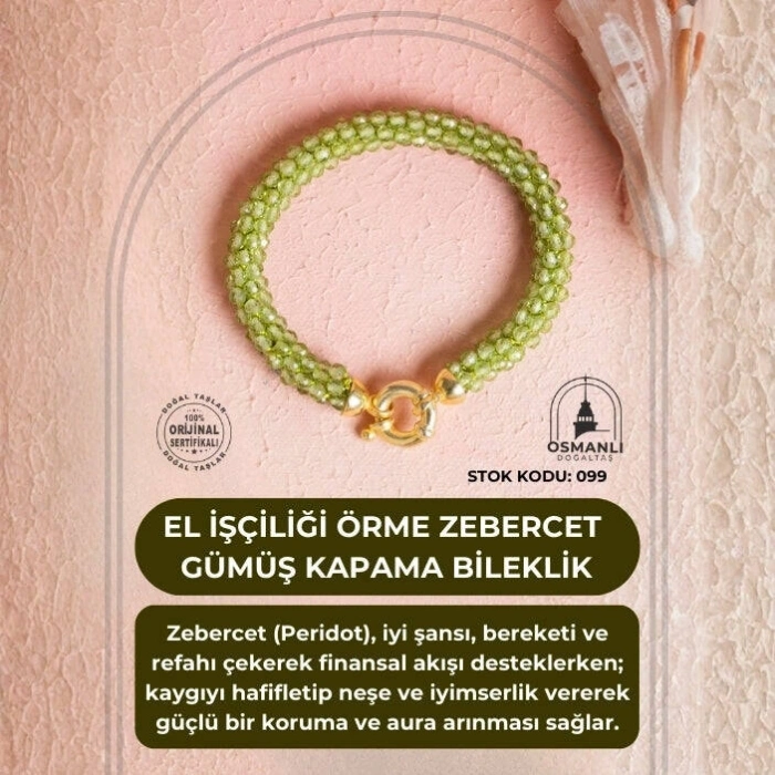 Sertifikalı El İşçiliği Örme Zebercet Gümüş Kapama Bileklik (SK:099)