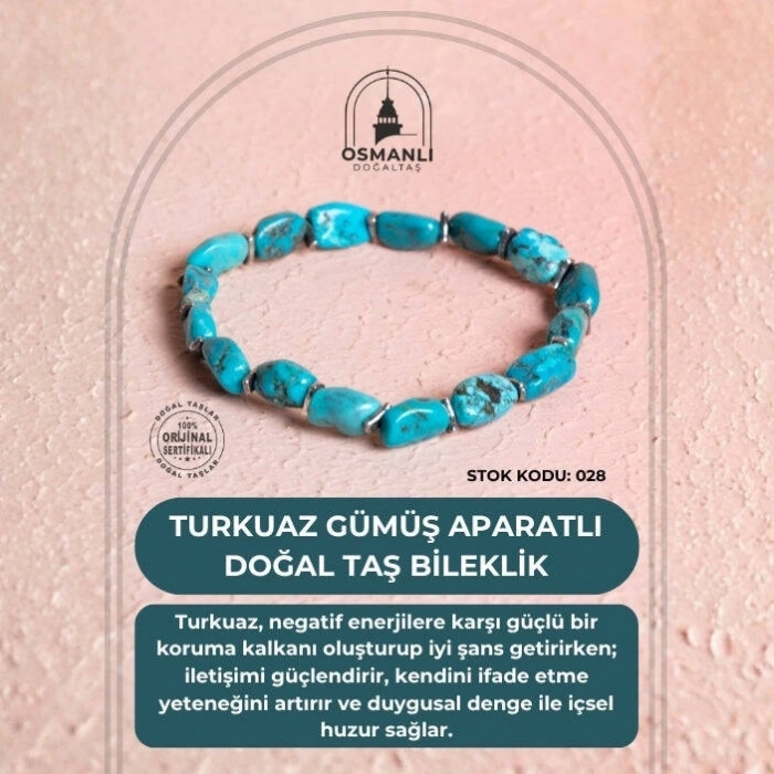 Sertifikalı Fieruze(Turkuaz) Gümüş Aparatlı Doğal Taş Bileklik (SK:028)